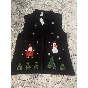 NWT New York Laundry Vest Womens L Black Christmas Winter Scene Embroidered Zip